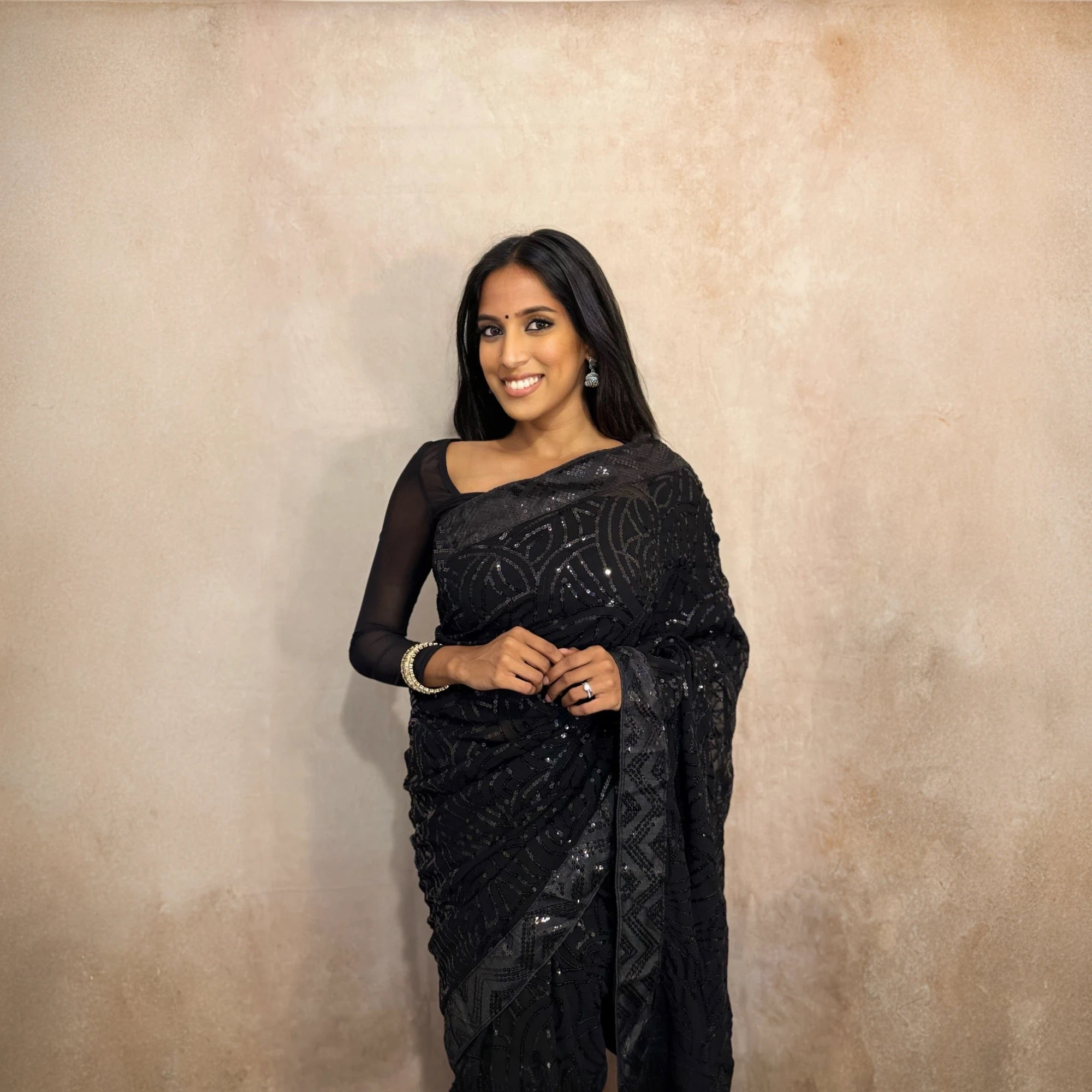 Georgette with Sequin and Lace Work (Black)