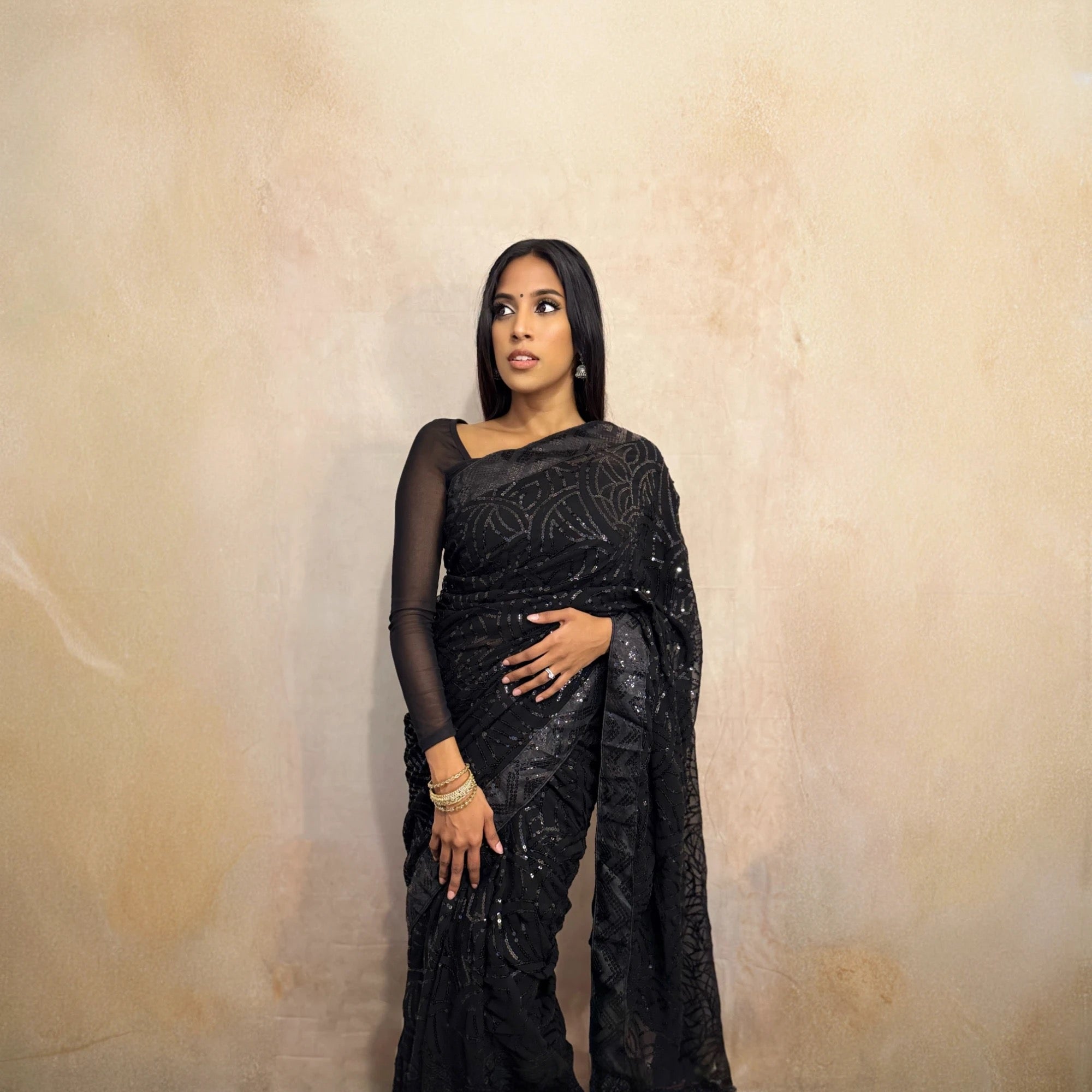 Georgette with Sequin and Lace Work (Black)
