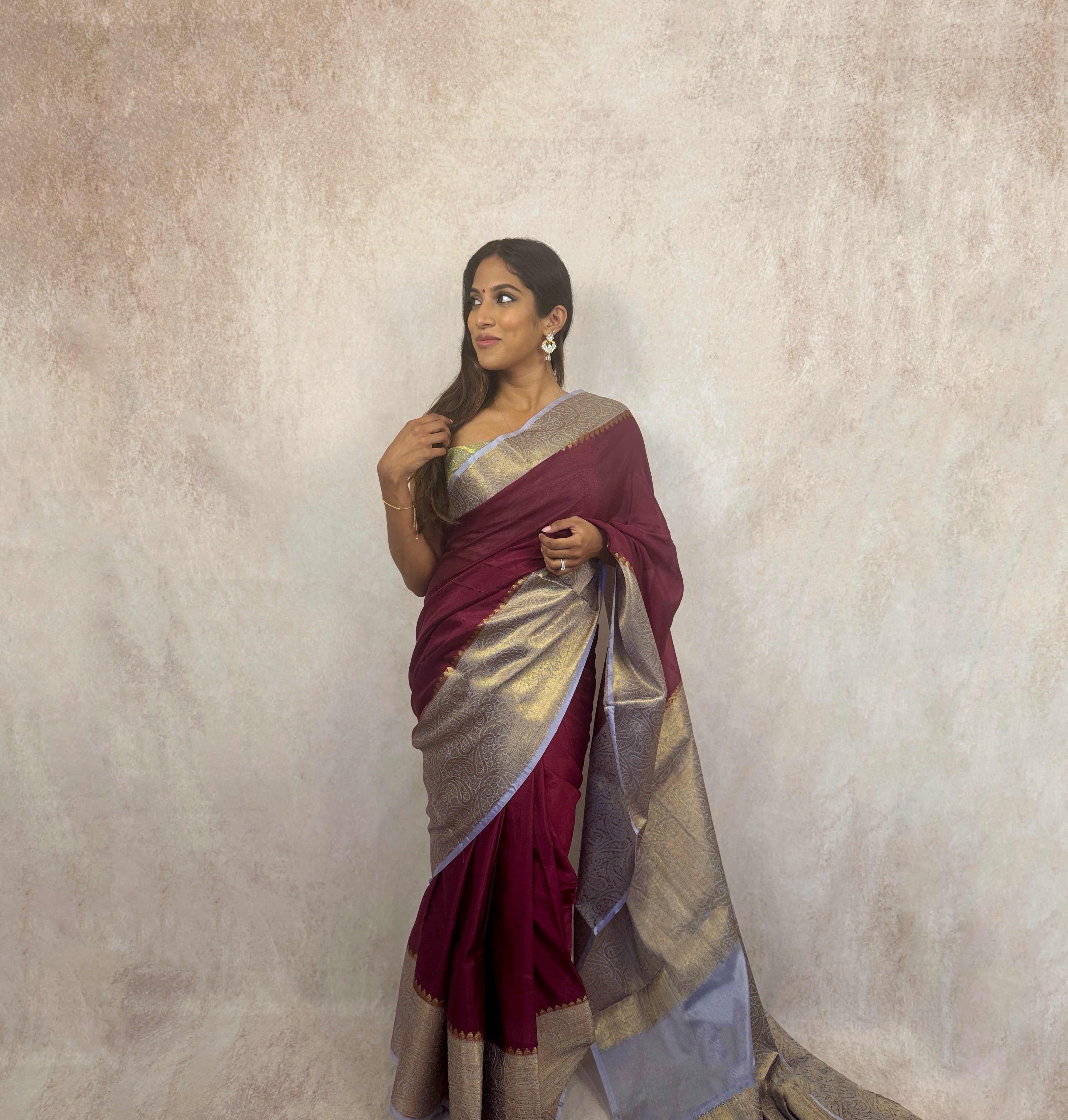Soft Silk with Embroidery (Maroon/Silver)