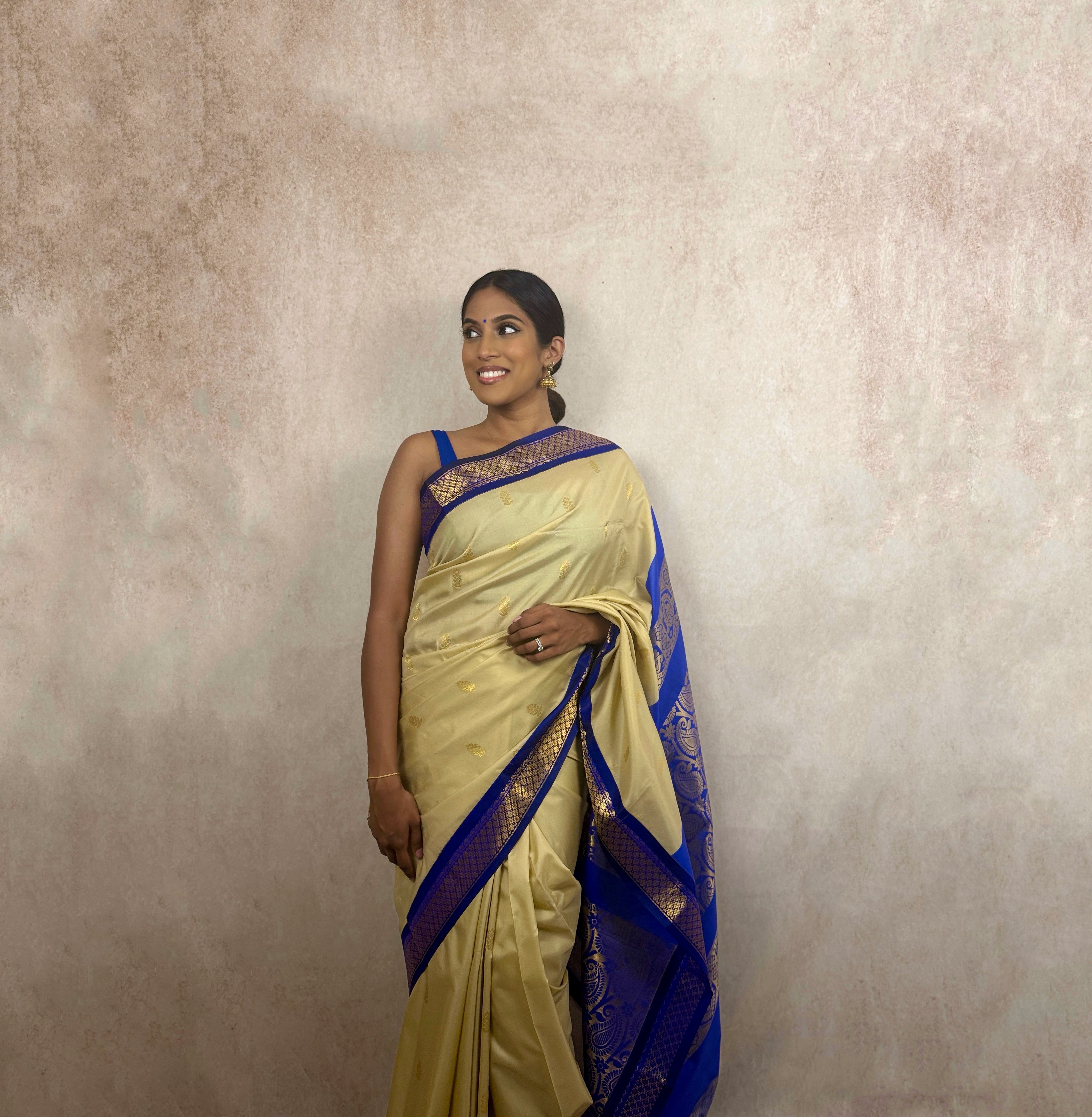 Kalyani Soft Silk (Cream/Blue)
