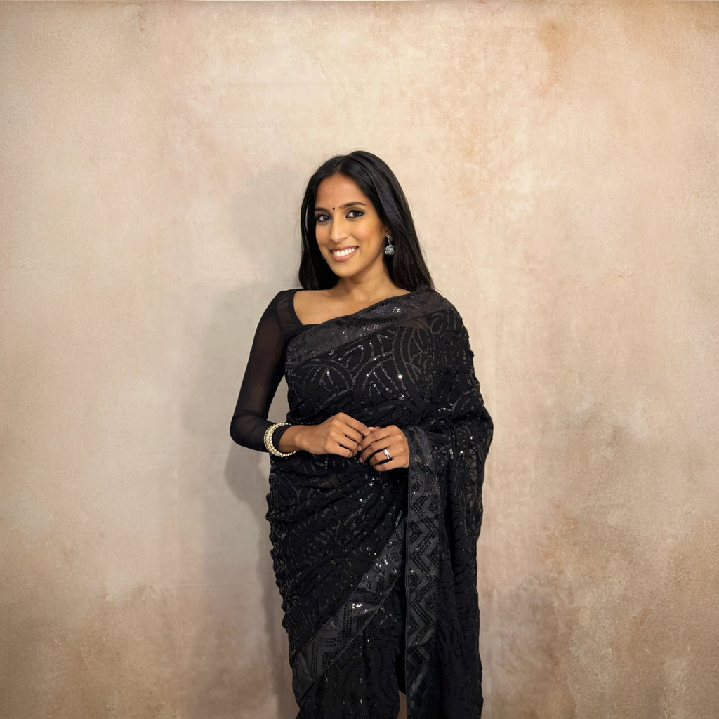 Georgette with Sequin and Lace Work (Black)