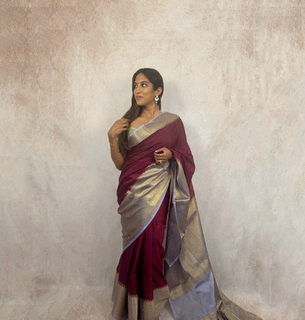 Soft Silk with Embroidery (Maroon/Silver)