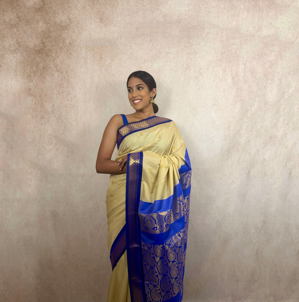 Kalyani Soft Silk (Cream/Blue)