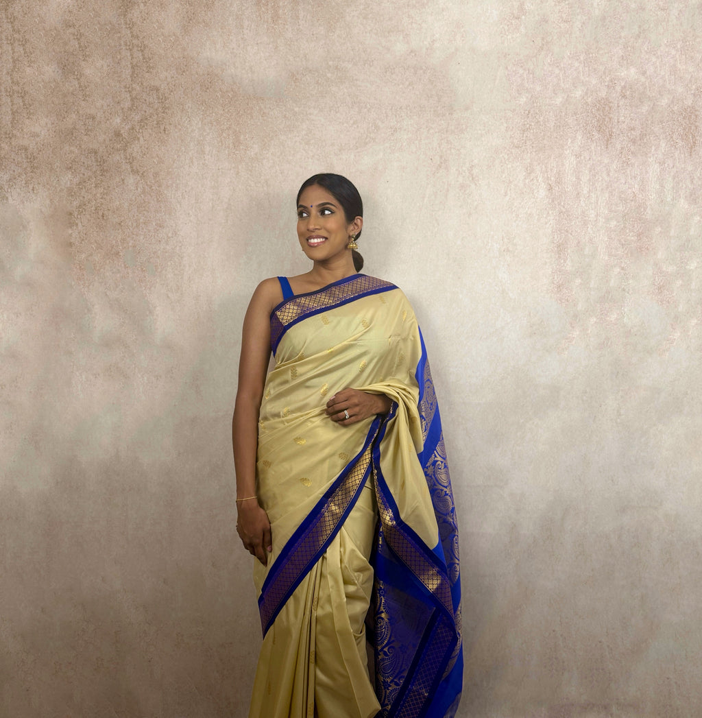 Kalyani Soft Silk (Cream/Blue)