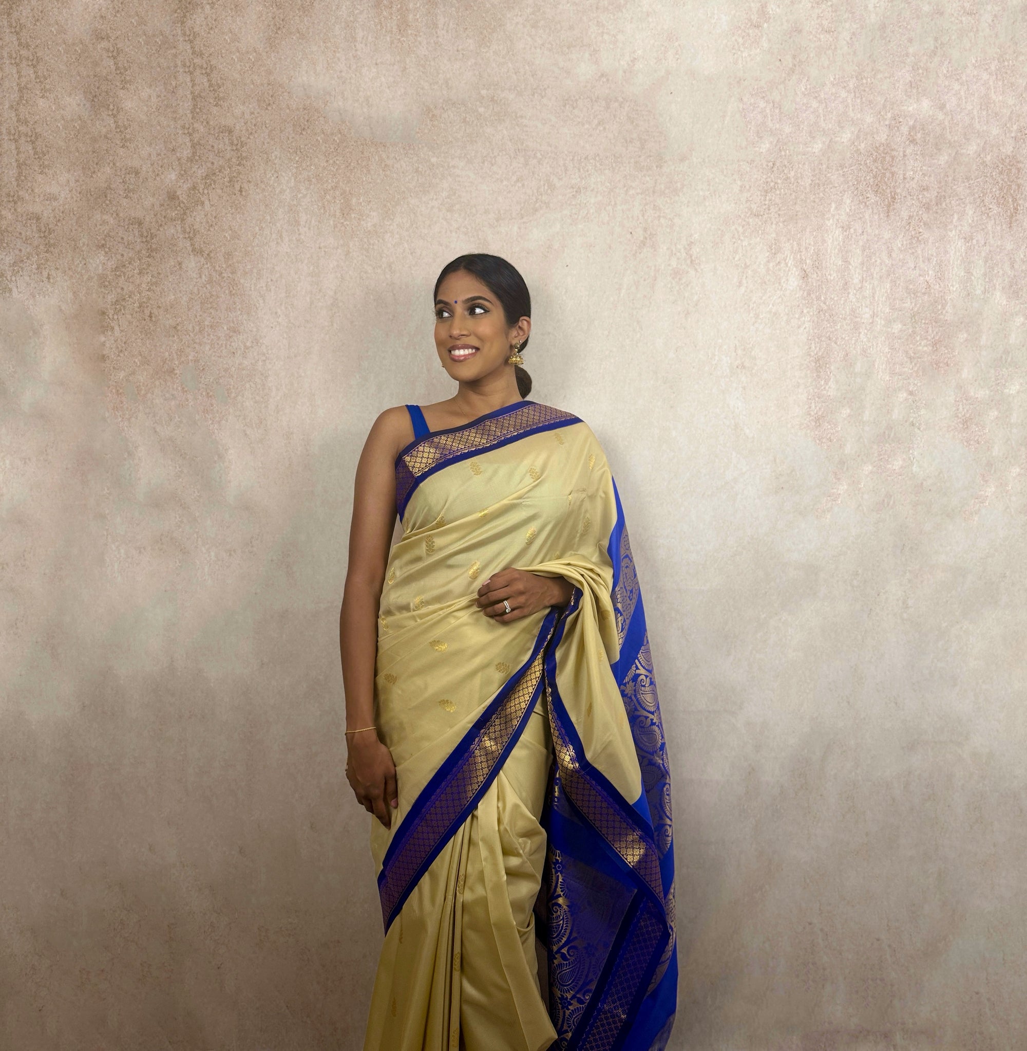 Kalyani Soft Silk (Cream/Blue)